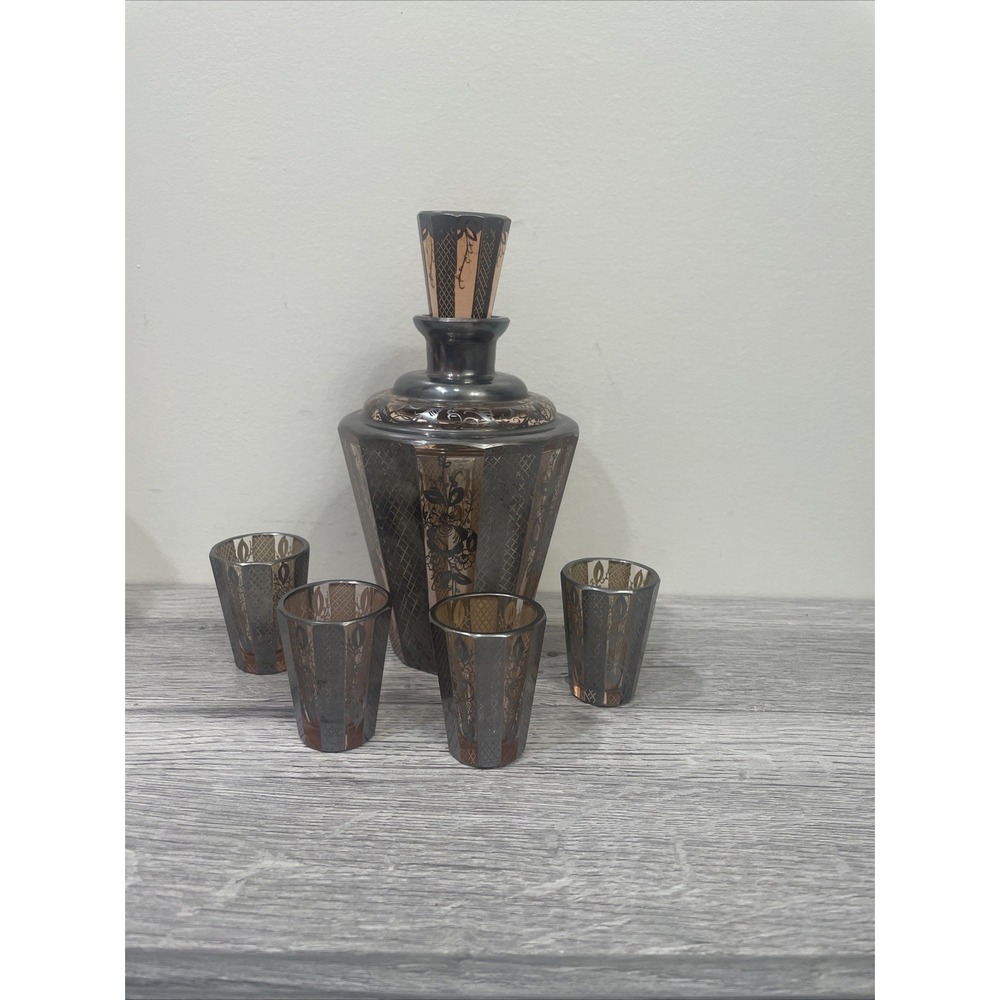 1920's Bohemian absinthe Decanter with 4 shot glasses‎ Overlaid In Silver